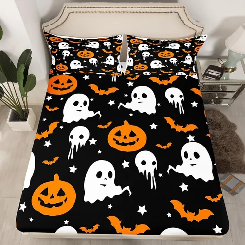 Vista 28 de Juego de sábanas bajeras con bonito diseño de gato negro para niños y niñas, diseño de dibujos animados de Halloween, gato, animales, sábanas
