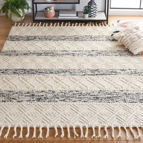 Vista 14 de SAFAVIEH Natura Collection - Alfombra de pasillo, 2 pies 3 pulgadas x 8 pies, color marfil y negro, hecha a mano de lana rústica con borlas, ideal