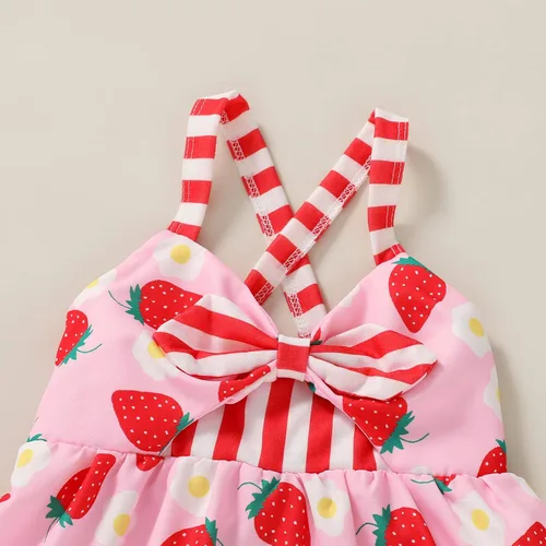 Vista 4 de Falda de verano para niñas pequeñas, vestido sin espalda con tirantes y estampado de helado Fresa