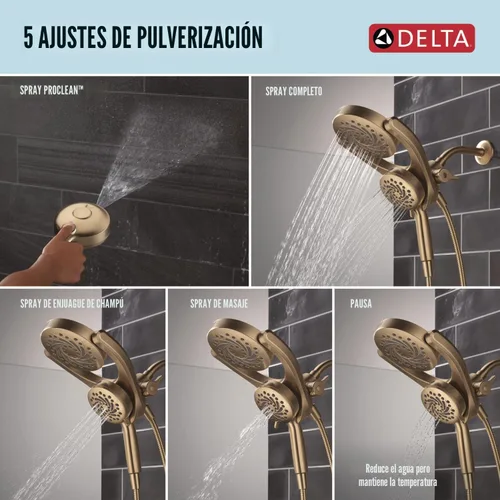 Vista 4 de Delta HydroRain - Cabezal de ducha doble 2 en 1 de 5 ajustes con spray ProClean, cabezal de ducha de alta presión dorado cepillado con rociador