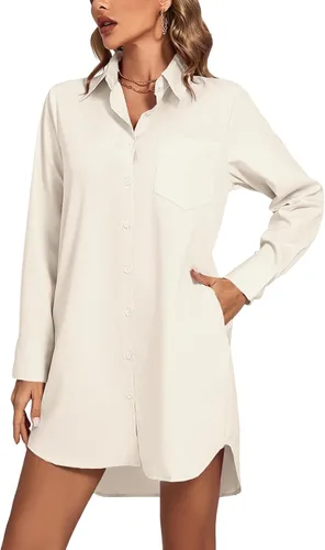 Vista 23 de LYANER Vestido camisero para mujer con cuello en V, botones, manga larga y dobladillo curvado