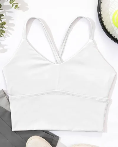 Vista 6 de XUNYU Sujetador deportivo de línea larga para mujer, camisetas sin mangas de entrenamiento con tiras cruzadas para fitness, gimnasio, yoga, correr