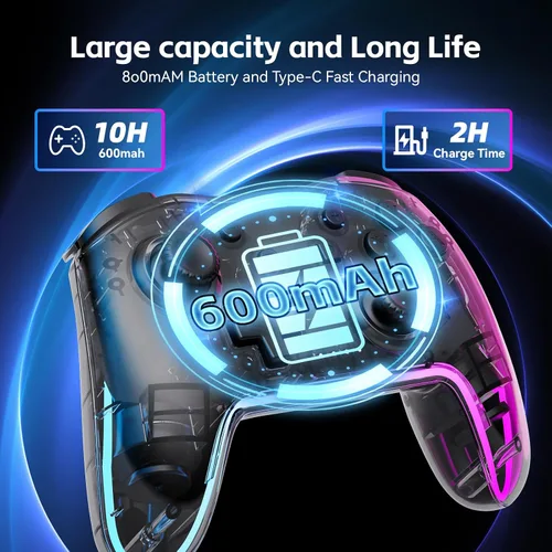 Vista 6 de Controlador inalámbrico para Switch/Lite/OLED/PC/Android/iOS - Gamepad ergonómico con iluminación RGB de 7 colores, ajuste de turbo/vibración
