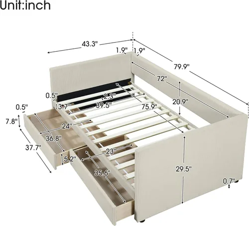 Vista 2 de Sofá cama de pana de tamaño individual con dos cajones, marco de sofá cama de madera maciza con soporte de listones de madera para dormitorio