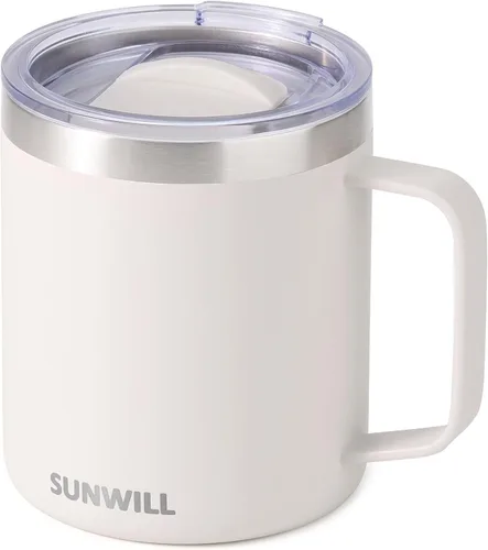 Vista 32 de SUNWILL - Taza de café de viaje con tapa, taza aislada con asa, taza de acero inoxidable de 14 oz para hielo, agua, té, color oro rosa