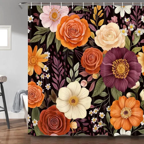Vista 11 de Torich Cortina de ducha bohemia floral para baño, abstracta de mediados de siglo, decoración bohemia, cortinas de baño, flores botánicas, hojas