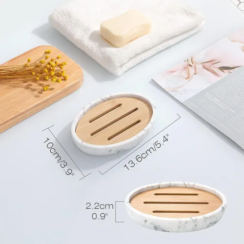 Vista 7 de Luxspire Jabonera de Bambú, Soporte de Jabón de Resina con Drenaje, Jabonera Ovalada de Madera para Ducha, Baño, Lavabo, Cocina y Encimera, Blanco
