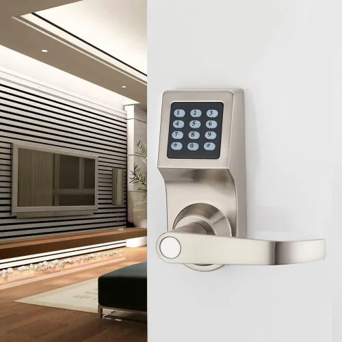 Vista 3 de Cerradura digital para puerta, desbloquea con control remoto, Tarjeta, código y llave M1, Manija con dirección reversible.