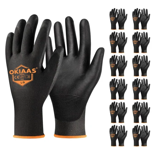 Vista 27 de OKIAAS Guantes de trabajo ultrafinos y ligeros para hombre con agarre, 12 pares, color negro, talla S