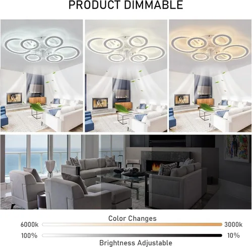 Vista 6 de Lámpara de techo inteligente de 76 cm con ventilador y motor CC de 6 marchas, ventilador de techo reversible silencioso con luz LED regulable