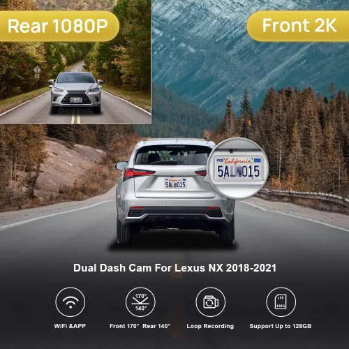 Vista 3 de Fitcamx Cámara de salpicadero delantera y trasera 2K para Lexus NX 350 300 Sport 250 F Premium, aspecto OEM, video HD dual de 1440P+1080P, grabación