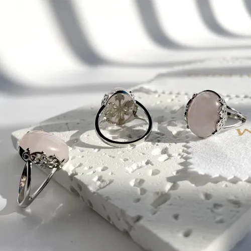 Vista 6 de DALEGEM Anillo de cristal de cuarzo rosa verde natural para mujeres y niñas, plata de ley S925 con borde de flor y vid gruesa de aventurina genuina