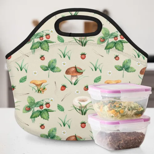 Vista 3 de Bolsa de almuerzo con aislamiento de hongos y fresas, bolsa de almuerzo reutilizable para hombres y adultos, lonchera de neopreno para trabajo