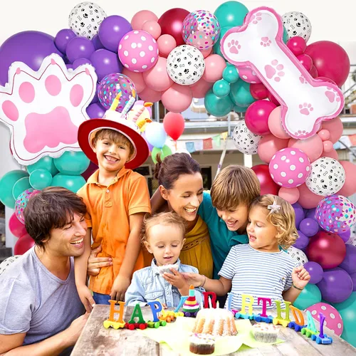 Vista 7 de Kit de arco de guirnalda de 147 piezas de globos con diseño de pata con globos con estampado de pata de perro rosa, morado, turquesa, globos