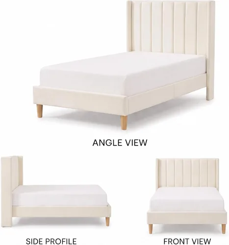 Vista 8 de Base de cama tapizada de terciopelo individual con cabecera con respaldo de ala, color crema Cama de plataforma capitoné de canal vertical