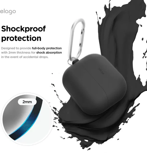 Vista 6 de elago Compatible con Samsung Galaxy Buds 3 Pro y 3 y 3 FE, funda de silicona de alta calidad con mosquetón, protección completa, carga inalámbrica