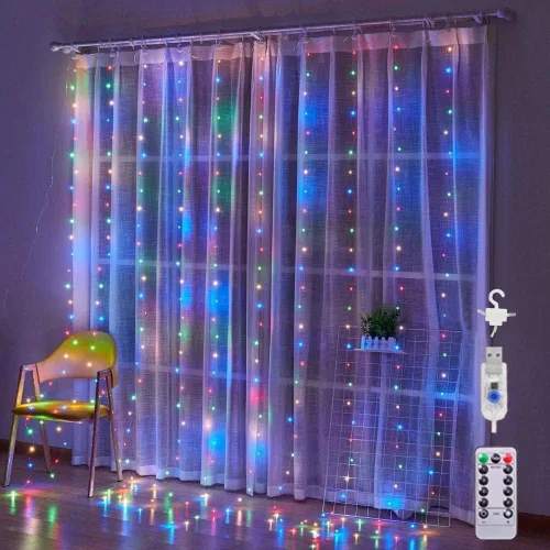 Vista 2 de Comtelek Cortina de luces LED con 8 modos USB con control remoto para el hogar, habitación, boda, fiesta, Navidad, ventana, decoración de pared