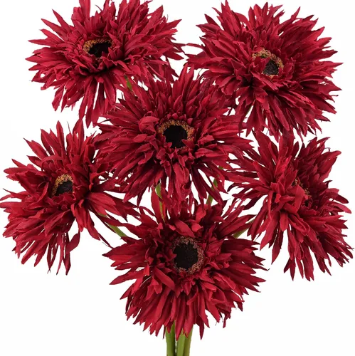 Vista 9 de FiveSeasonStuff Real Touch Gerbera Daisy - Arreglo de flores artificiales y ramo de boda (7 tallos florales, rojo baya)