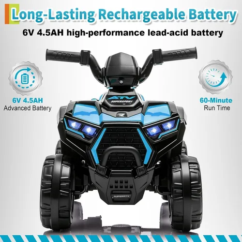 Vista 4 de ATV eléctrico para niños - Quad de 6 V y 4 ruedas con luces y música Azul