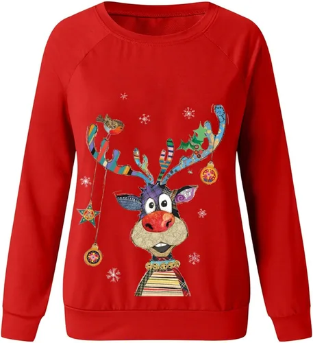Vista 6 de Rikbuig Sudaderas de Navidad para mujer, lindo estampado de alce, cuello redondo, suéter de forro polar, ropa para festivales