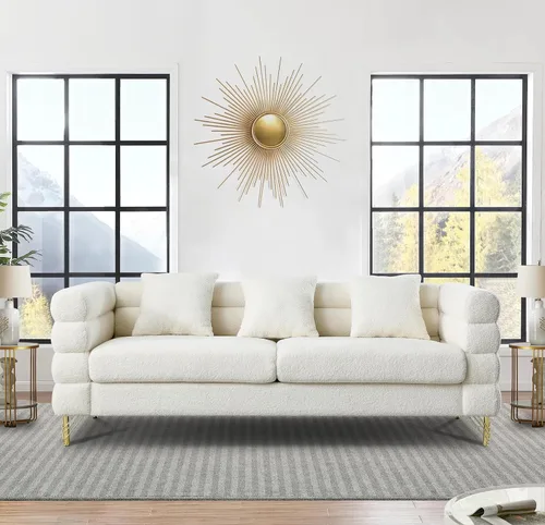 Vista 18 de Cómodo sofá de 3 plazas, sofá Boucle de gran tamaño de 81 pulgadas con diseño de asiento profundo, sofá tapizado con 2 almohadas, moderno sofá