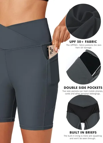 Vista 5 de Aleumdr Pantalones cortos de natación de 5 pulgadas para mujer, cintura alta, control de abdomen, pantalones cortos de natación con bolsillos UPF 50+