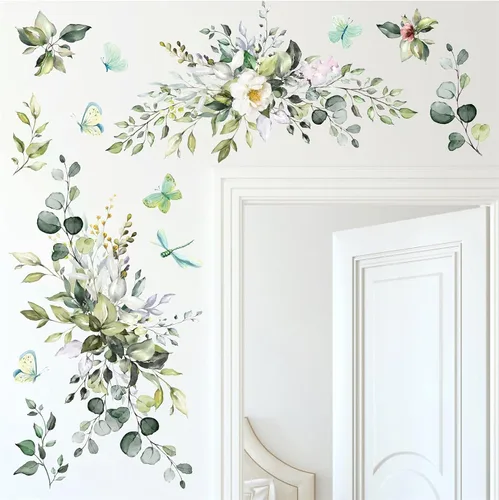 Vista 2 de Vinilo botánico de hojas verdes, calcomanías de vinilo para despegar y pegar, enredaderas rústicas colgantes, mural, mariposas, flores, calcomanías