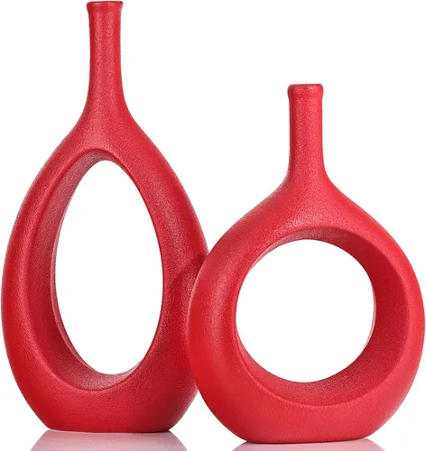 Vista 10 de Juego de 2 jarrones de cerámica de oro negro, moderno círculo hueco con agujero para decoración del hogar, centros de mesa, granja, chimenea, sala