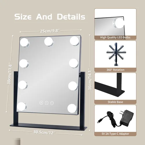 Vista 4 de Espejo de tocador con luces, espejo de maquillaje con luces con 9 bombillas LED regulables, 3 modos de iluminación de color desmontables, espejo