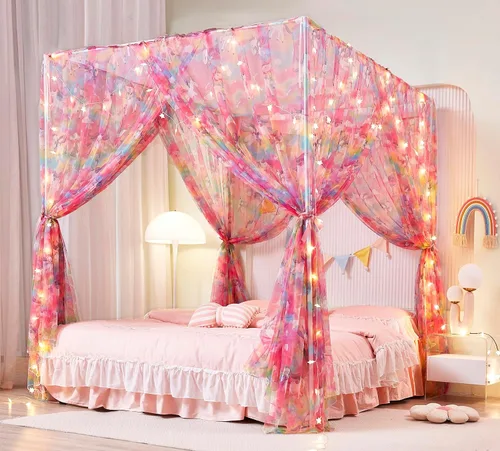 Vista 22 de Mengersi Cortina para Dosel de Cama Princesa, con 4 Esquinas, Dosel con Mosquitero para Cama de Princesa (Blanco, Doble)
