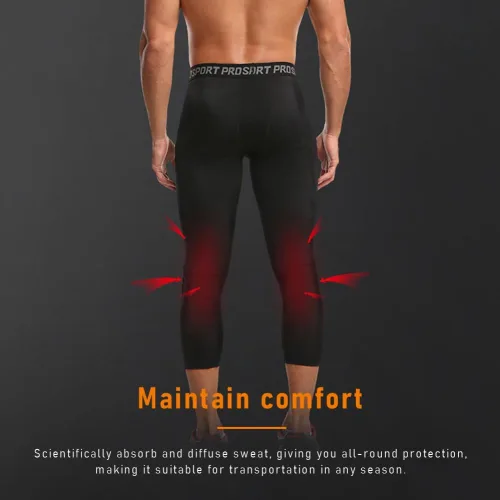 Vista 4 de Paquete de 2 pantalones de baloncesto para hombre con rodilleras 3/4 capri acolchadas, mallas de compresión deportivas, capa base atlética