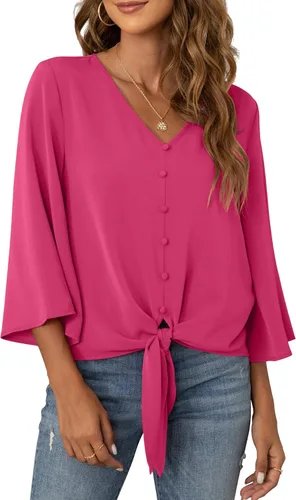 Vista 15 de VIISHOW Blusas de verano para mujer, con botones, cuello en V, de gasa, mangas acampanadas de 3/4, con nudo, casuales 01 Blanco