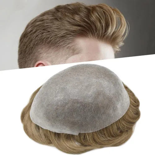 Vista 47 de Tupé de piel ultra fina para hombres pieza de cabello humano real sistema de reemplazo 0.002 in Mens Toupee Hairpiece para hombres V-Loop 8x10 80%