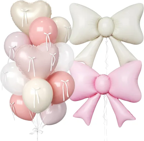Vista 28 de 16 globos de corazón rosa, globos de lazo de 38 pulgadas, globo transparente rosa perla de doble relleno y arco en forma de corazón globo