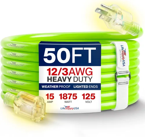 Vista 150 de Cable de extensión SJT de 12/3 300 V con luz LED para uso en interiores y exteriores con enchufe con iluminación LED Amarillo