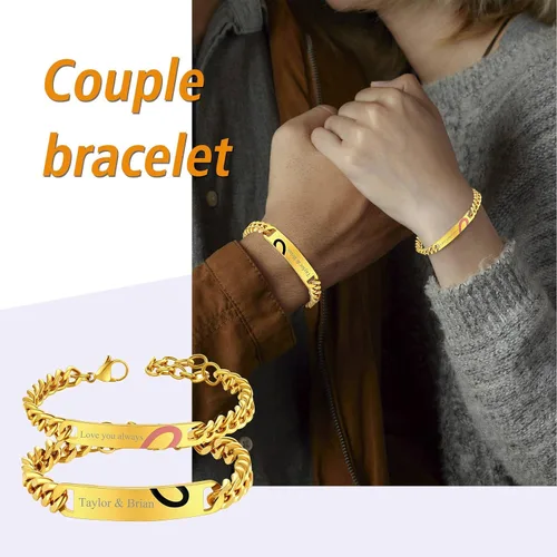 Vista 5 de FindChic Pulseras de identificación con barra de nombre personalizadas para hombres y mujeres, chapados en oro de 18 quilates, acero inoxidable