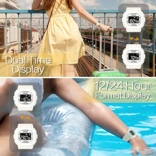 Vista 4 de Reloj deportivo resistente al agua de 10 ATM para mujeres y niñas, natación y buceo, reloj despertador, cronómetro, temporizador, hora doble