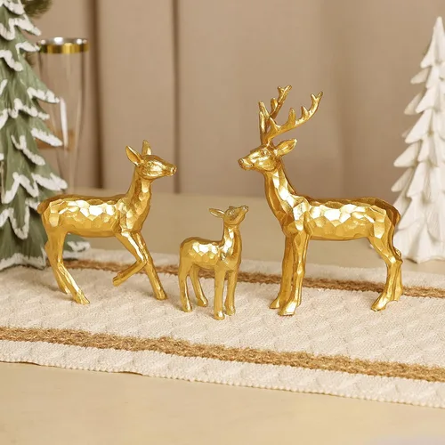 Vista 3 de Lulu Home 3 piezas de decoraciones de mesa navideñas, estatuillas familiares de renos dorados de resina con diversas posturas, adornos para centros