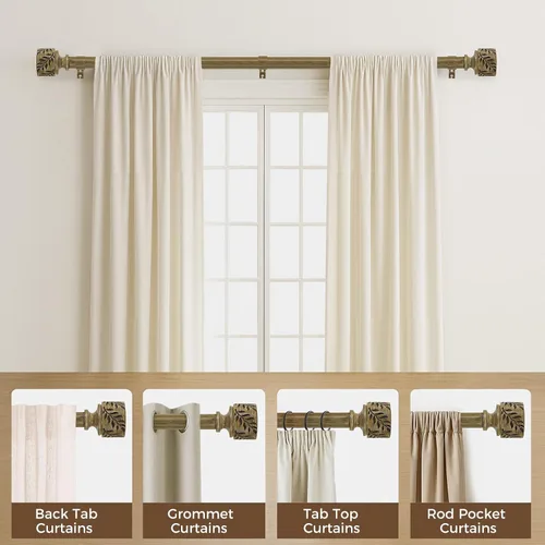 Vista 7 de Barras de cortina de madera boho para ventanas de 32 a 45 pulgadas, barra de cortina ajustable de 1 pulgada con remates de hojas de grano de madera