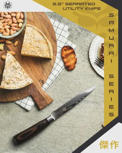 Vista 7 de KESSAKU Cuchillo multiusos dentado de 5.5 pulgadas - Serie Samurai - Cuchillo de cocina afilado - Acero inoxidable de alto carbono forjado 7Cr17MoV