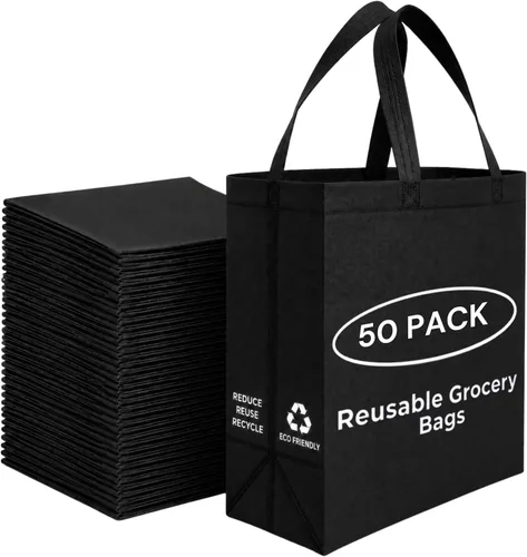 Vista 14 de Simply Cool Paquete de 200 bolsas de compras negras reutilizables ecológicas de 12.6 x 6.3 x 11.8 pulgadas, duraderas, ecológicas, reciclables Negro