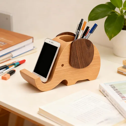 Vista 7 de Portalápices creativo elefante regalos juguetes de madera lindo soporte para lápices y teléfono celular soporte organizador para escritorio