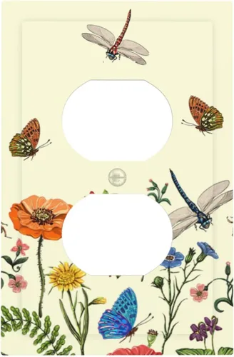 Vista 121 de Placa de Pared en Blanco de 1-Gang Sin Dispositivo Beige Lindo Vintage Boho de los 70s Hongo Fungus Planta Floral Botánica Libélula Interruptor