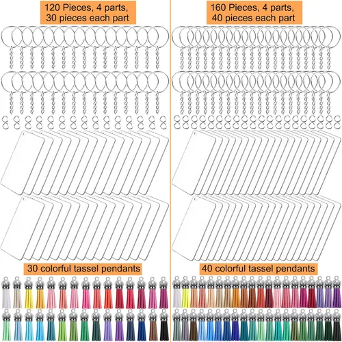 Vista 2 de Duufin Juego de llaveros rectangulares de acrílico con llaveros y borlas, Plateado, Cadena Including 30 Rectangle Clear Acrylic Blanks (3 x 7cm)