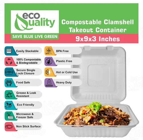 Vista 2 de Contenedor de comida cuadrado compostable con bisagras para llevar, 9 x 9 x 3 pulgadas, contenedores desechables de calidad resistente, con un solo