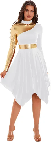 Vista 8 de Vestido de mujer de alabanza litúrgica con bloques de color, sin mangas, con dobladillo irregular, de estilo lírico para danza Borgoña