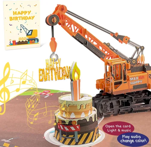Vista 8 de Tarjeta de Felicitación 3D Desplegable de 1er Cumpleaños con Luz y Música, Tarjeta de Grúa y Camión Para Niño, Sobrino, Nieto, Hijo, Pequeño