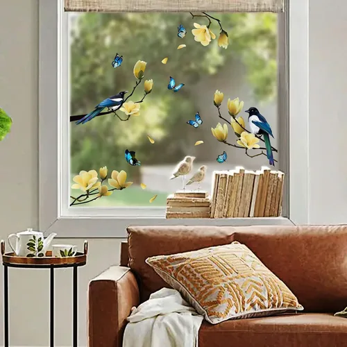 Vista 4 de Adhesivos estáticos para ventana, diseño de flores de primavera, pájaros y mariposas, reutilizables, para bricolaje, ramas de árboles, doble cara