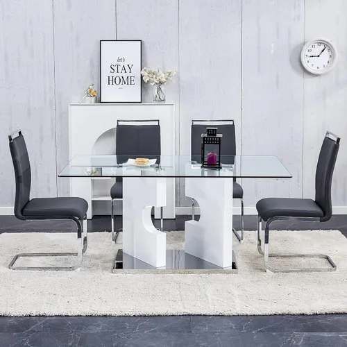 Vista 5 de Mesa de comedor moderna de cristal, mesa de cocina rectangular de 63 pulgadas para 4-6 personas, mesa de comedor de vidrio templado de 0.39 pulgadas