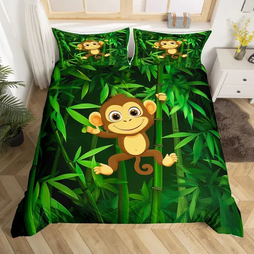 Vista 4 de Erosebridal Juego de funda de edredón con diseño de hojas y mono para niños, funda de edredón de animales divertidos, tamaño individual para niños